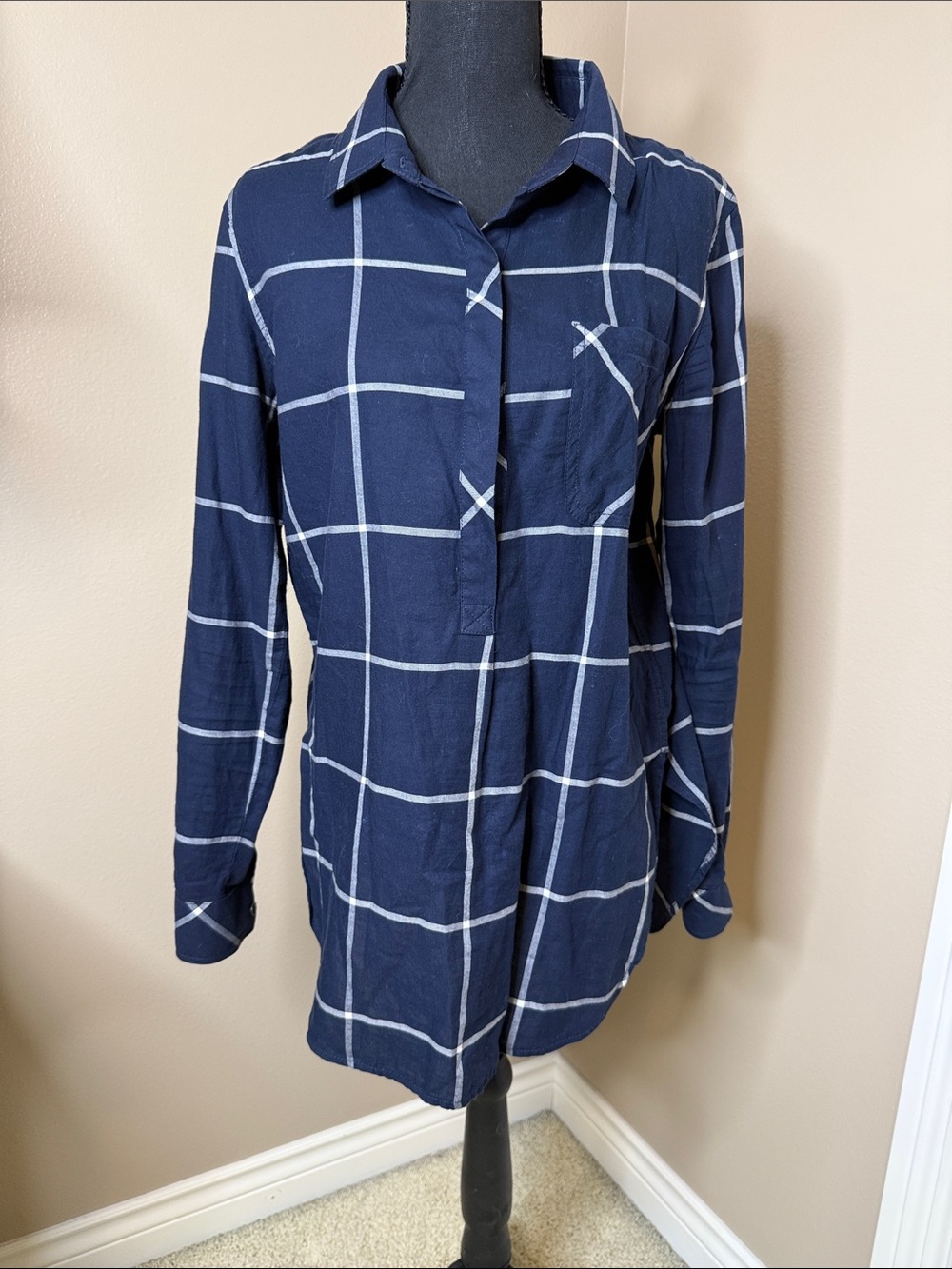 Athleta Navy and White Windowpane Button-Down Shirt